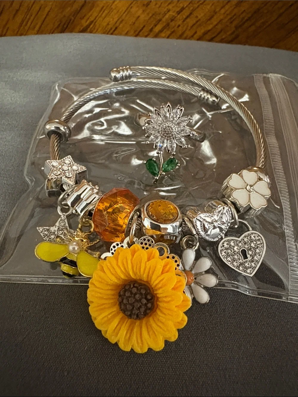 Yellow Sunflower Charm Bracelet & Ring set- Women Jewelry